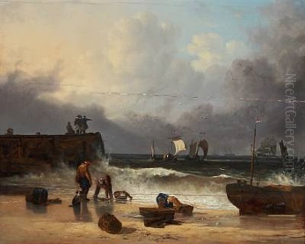 Coastal View With A Pier, Fishermen On The Beach And Boats At Sea by Augustus Wall (Sir.) Callcott