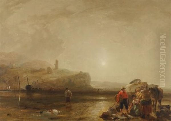 A Coastal Scene With Figures Bargaining For Fish by Augustus Wall (Sir.) Callcott