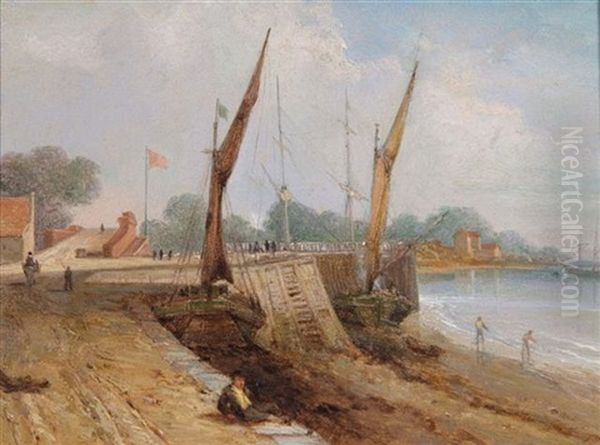 Sailing Vessels Moored At A Jetty Oil Painting by Augustus Wall (Sir.) Callcott