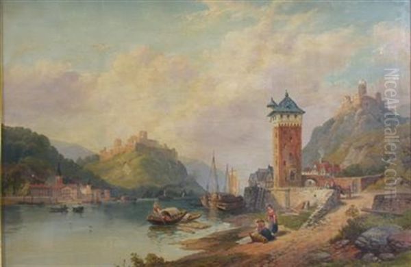 An Italianate Lake Scene With Washer Women Oil Painting by Augustus Wall (Sir.) Callcott