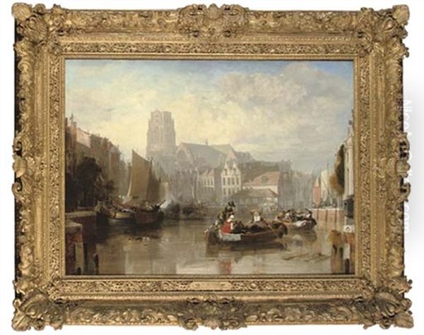 View Of The Grote Kerk, Rotterdam, With Figures And Boats In The Foreground Oil Painting by Augustus Wall (Sir.) Callcott