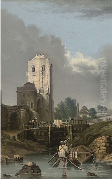 A Fisherman Before A Castle Ruin Oil Painting by Augustus Wall (Sir.) Callcott