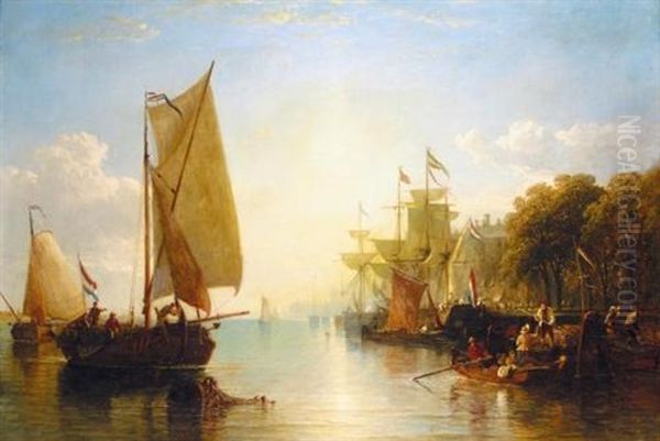 Dutch Barges Moored Beside De Boompjes, Rotterdam Oil Painting by Augustus Wall (Sir.) Callcott