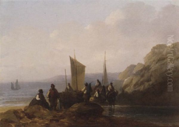 Fishermen Congregating On The Shore Oil Painting by Augustus Wall (Sir.) Callcott