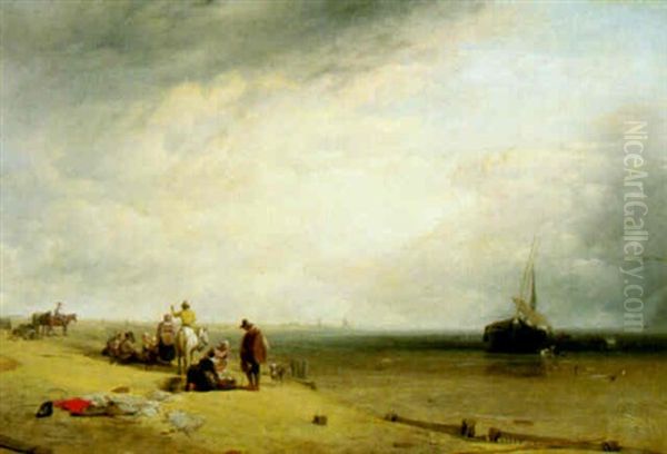 Figures And Stranded Vessels On A Beach At Low Tide Oil Painting by Augustus Wall (Sir.) Callcott