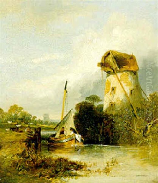 Figures In A Sailboat Passing Through A Lock Oil Painting by Augustus Wall (Sir.) Callcott