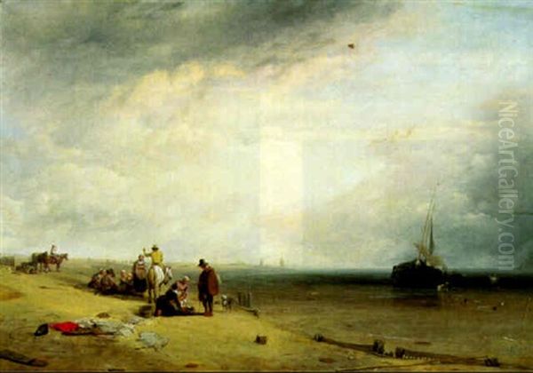 Figures And Standed Vessels On A Beach At Low Tide Oil Painting by Augustus Wall (Sir.) Callcott