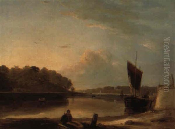 Sailing Boats On The Thames, With Figures In The Foreground Oil Painting by Augustus Wall (Sir.) Callcott