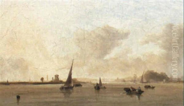 Fishing Vessels In A Calm Off The Shore Oil Painting by Augustus Wall (Sir.) Callcott