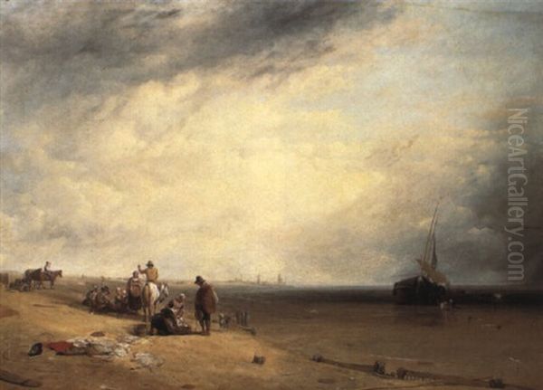 Figures And Stranded Vessels At Low Tide Oil Painting by Augustus Wall (Sir.) Callcott