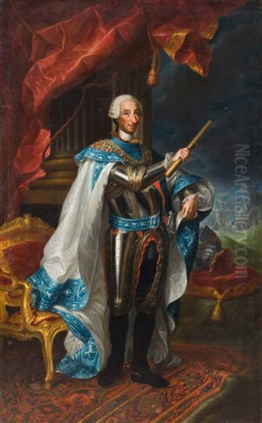 Retrato De Carlos Iii De Cuerpo Entero Vistiendo Armadura Y El Habito De Su Orden Oil Painting by Andres De La Calleja