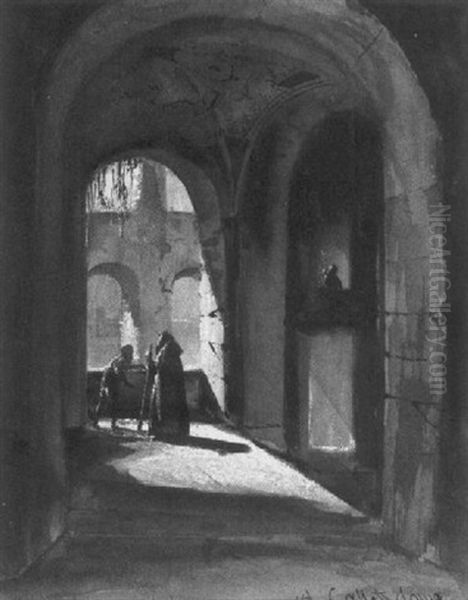 The Arcade Of A Monastery Cloister With A Monk And A Mendicant Oil Painting by Alphonse-Appollodore Callet