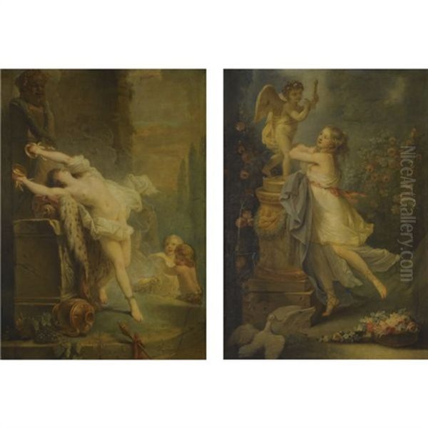 A Young Lady Before A Statue Of Cupid (+ A Bacchante Playing The Cymbols Before A Statue Of Pan; Pair) Oil Painting by Antoine-Francois (Calet) Callet