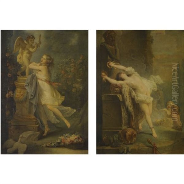 A Young Lady Before A Statue Of Cupid (+ A Bacchante Playing The Cymbals Before A Statue Of Pan; Pair) Oil Painting by Antoine-Francois (Calet) Callet