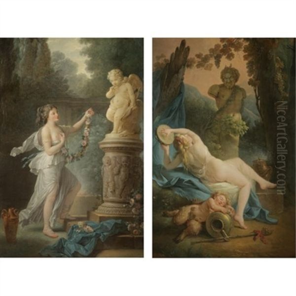 A Bacchante Playing The Tambourine Before A Statue Of Pan, A Drunk Young Satyr Asleep In The Foreground (+ A Young Lady Offering A Garland Of Flowers To A Statue Of Cupid; Pair) Oil Painting by Antoine-Francois (Calet) Callet