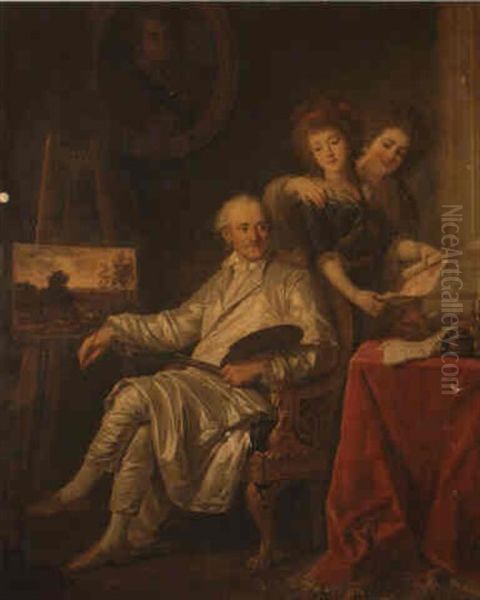 Portrait Of The Comte De Cromot, With His Two Daughters-in-law Oil Painting by Antoine-Francois (Calet) Callet