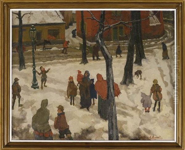 Place Animee Sous La Neige by Charles Rene Callewaert