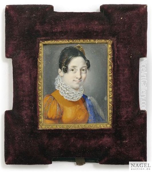 Portrait Einer Jungen Dame In Orangefarbenem Kleid Mit Blau Gemustertem Schal Und Spitzenkragen by Giambattista Calliano