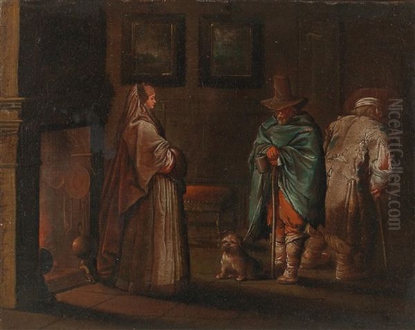 A Lady And Two Beggars In An Interior Oil Painting by Jacques Callot