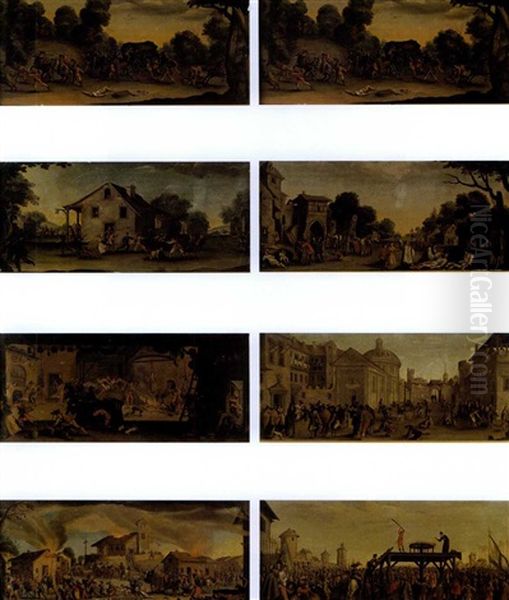 Les Miseres De La Guerre (12 Works In 3 Frames) Oil Painting by Jacques Callot