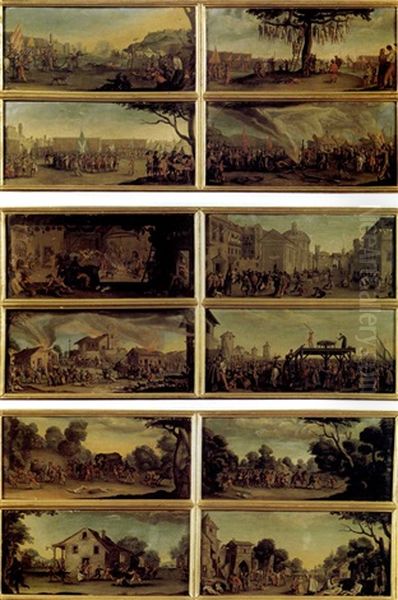 Les Miseres De La Guerre (set Of 12 In 3 Frames) Oil Painting by Jacques Callot