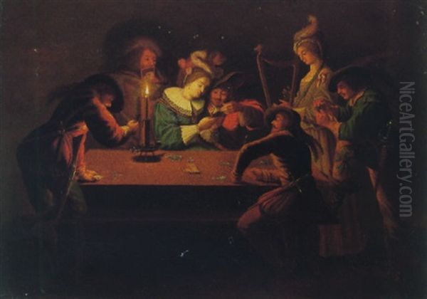 Merry Company Playing Cards Around A Table, By Candlelight Oil Painting by Jacques Callot