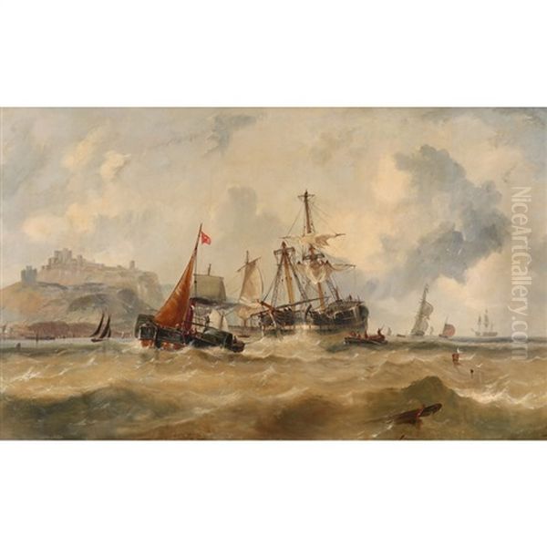 A Man O' War Being Towed Into Port By A Paddle Steamer, Off Dover Oil Painting by John Callow