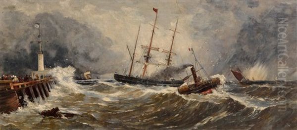 A French Paddlewheel Tug Bringing An English Sailing Vessel To The Jetty At Boulogne Oil Painting by John Callow