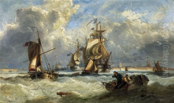 Sailing Vessels Off The Coast Oil Painting by John Callow