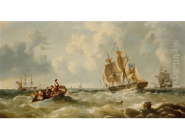 Shipping In Choppy Seas With Rowing Boat In Foreground Oil Painting by John Callow