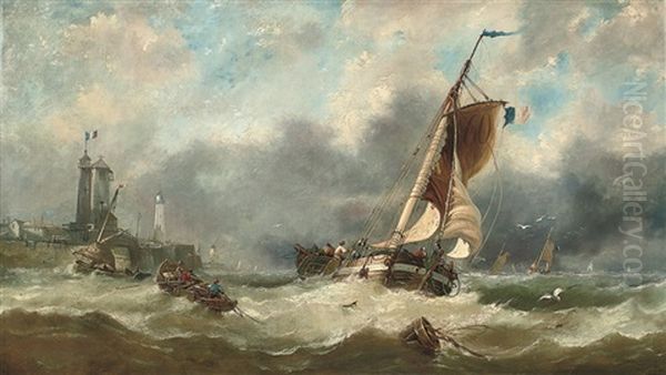 High Tide Off Boulogne: A French Barge Caught In A Swell Off The Harbour Mouth Oil Painting by John Callow