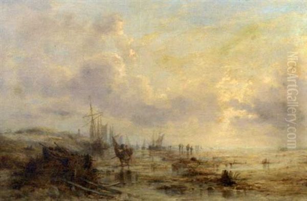 Fisher Folk With Sailing Ships On The South Coast Oil Painting by John Callow