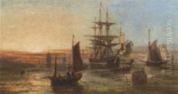 A Busy Anchorage At Dusk Oil Painting by John Callow