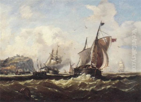 A Paddle Tug Towing A Brig Into The Harbour At Scarborough Amidst Other Shipping Oil Painting by John Callow