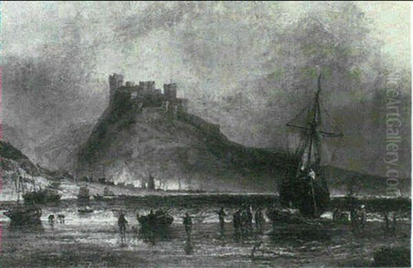 A Hill-top Fortress Protecting A Harbour Below Oil Painting by John Callow