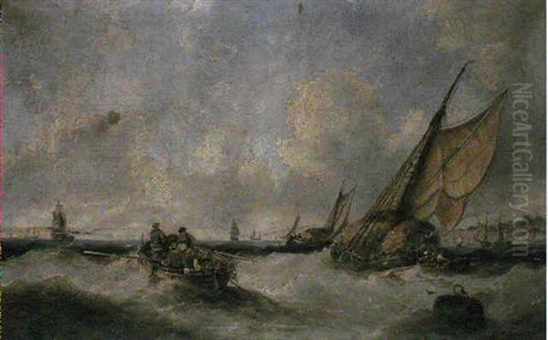 Hay Barges And Merchantmen Entering The Mouth Of The Thames Oil Painting by John Callow