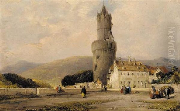 Figures In A Continental Square With A Tower Beyond Oil Painting by William Callow