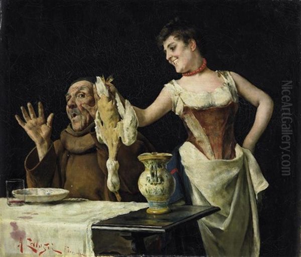 Genreszene. Die Kuchenmagd Erschreckt Einen Monch Mit Einer Gerupften Ente Oil Painting by Arturo Calosci