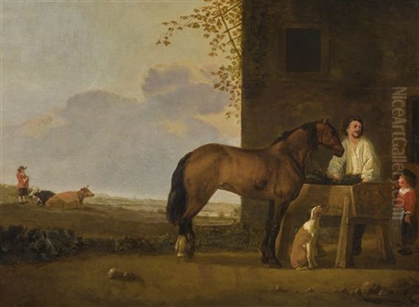 A Horseman Tending His Horse, A Cowherd With His Cattle Beyond by Abraham Van Calraet