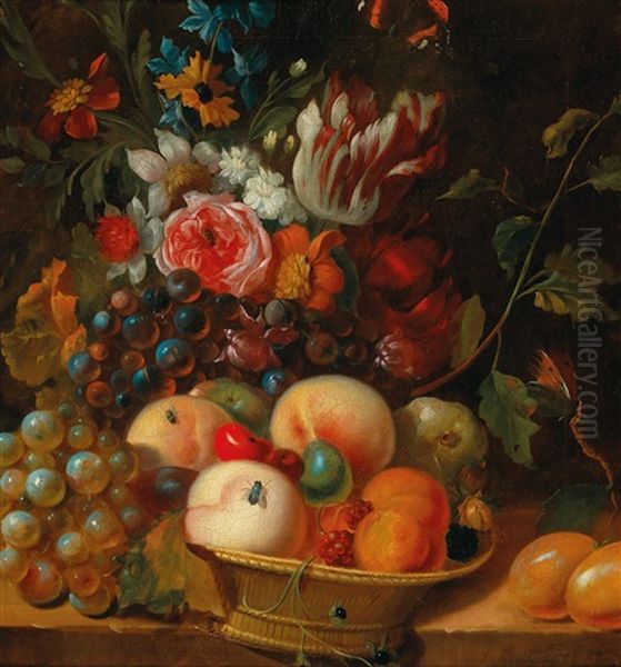 A Pair Of Fruit And Flower Still Lifes Oil Painting by Abraham Van Calraet