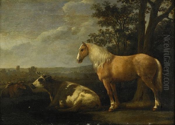 Isabellfargad Hast Med Tre Liggande Kor I Ett Landskap Oil Painting by Abraham Van Calraet