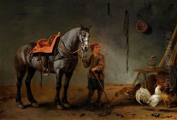 Horse And Stable Lad With Hens In A Stable Oil Painting by Abraham Van Calraet