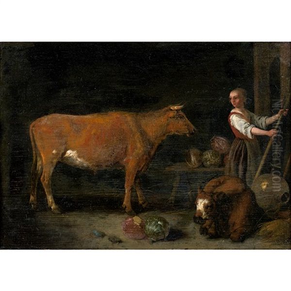 A L'etable Oil Painting by Abraham Van Calraet