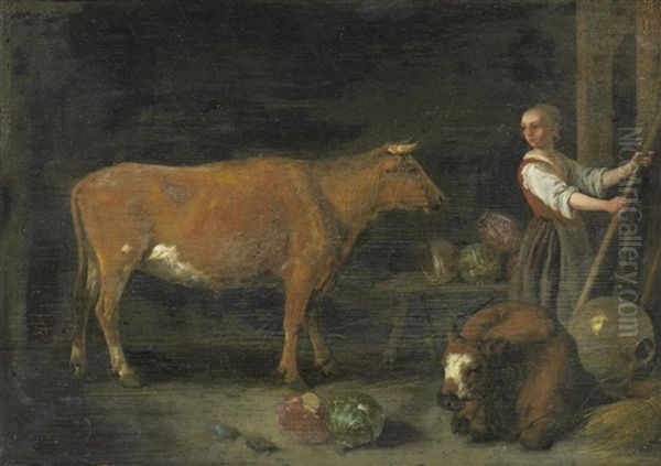 A Barn Interior With A Milkmaid And Cattle Oil Painting by Abraham Van Calraet