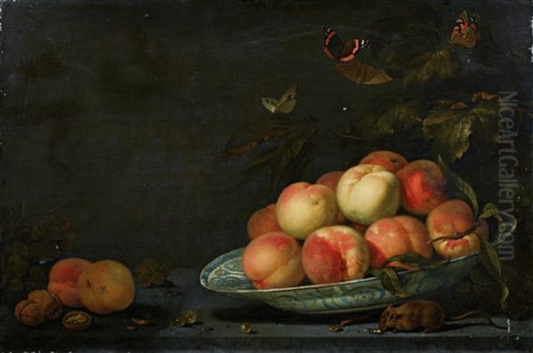 A Still Life Of Fruit With A Mouse And Butterflies Oil Painting by Abraham Van Calraet