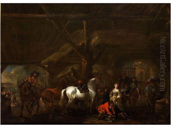 Reiter In Einem Stall Oil Painting by Abraham Van Calraet