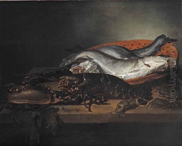 A Black Lobster, Black Crabs, Three Haddock In A Red Colander, All On A Wooden Ledge Oil Painting by Abraham Van Calraet