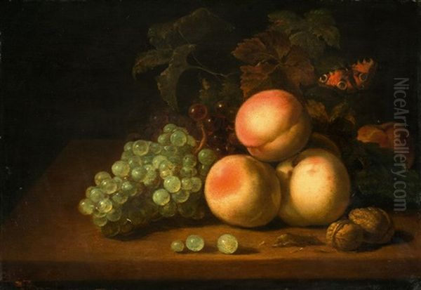 Still Life With Peaches, Grapes, Walnuts And A Butterfly Oil Painting by Abraham Van Calraet