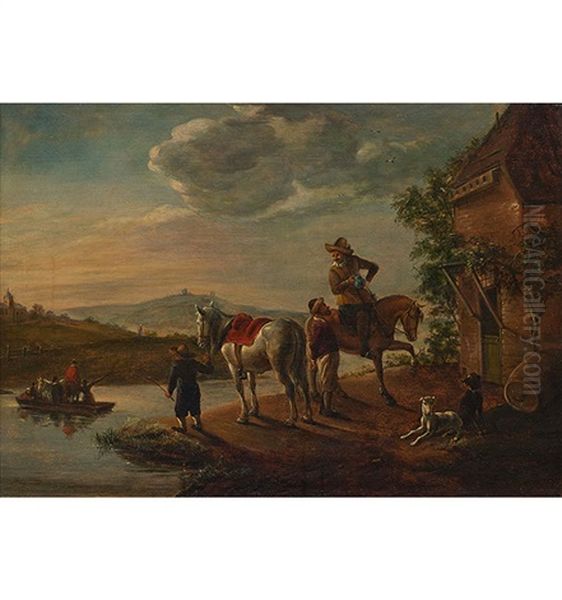 Hugelige Flusslandschaft Mit Boot - Im Vordergrund Manner Mit Pferden Und Hunden Vor Einer Taverne Oil Painting by Abraham Van Calraet