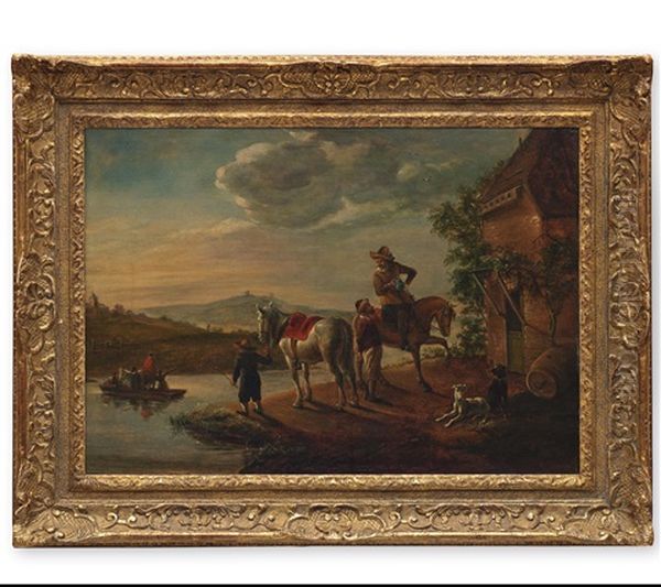 Hugelige Flusslandschaft Mit Boot - Im Vordergrund Manner Mit Pferden Und Hunden Vor Einer Taverne by Abraham Van Calraet